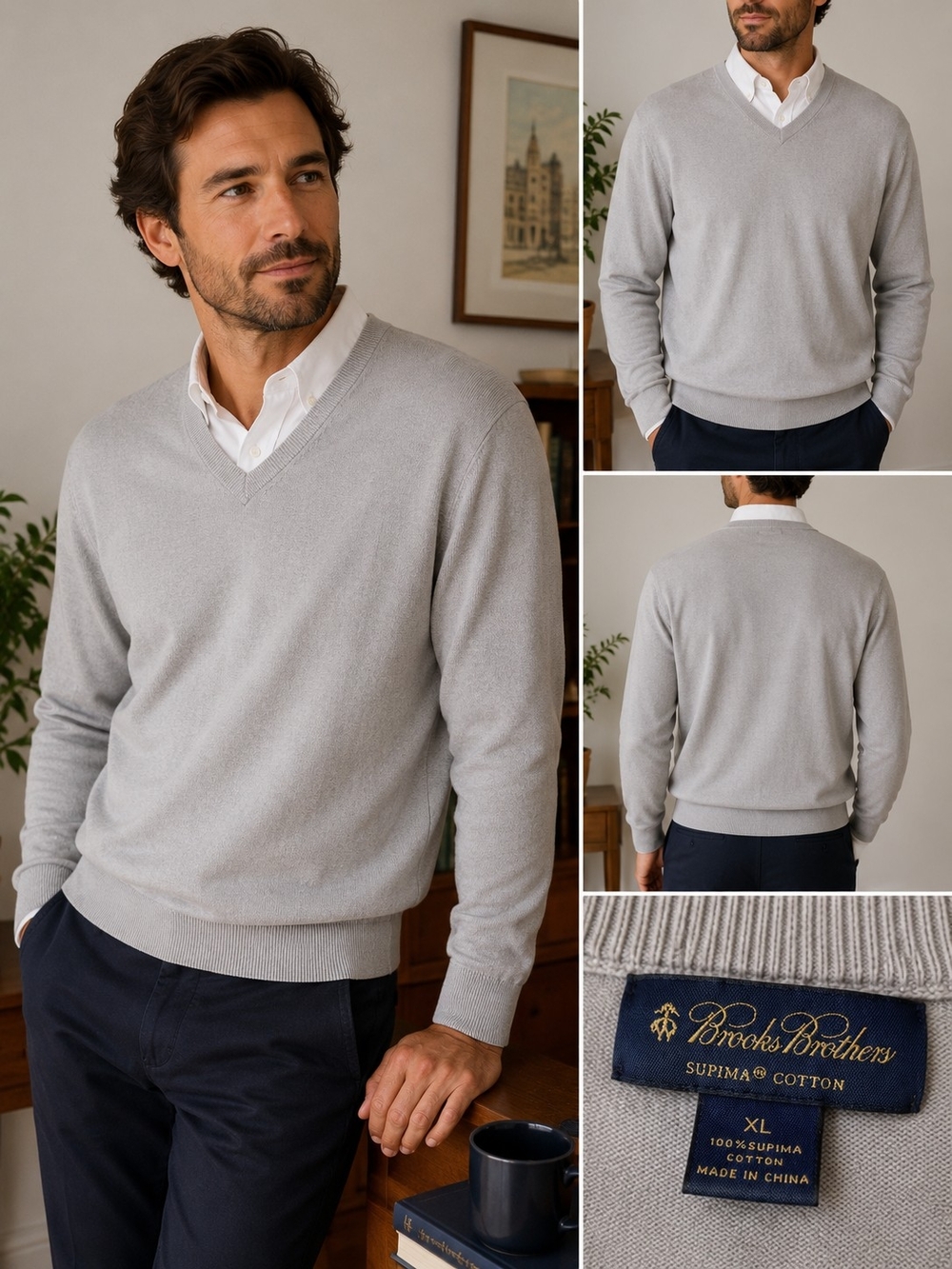 Brooks Brothers Supima Cotton V-Neck Sweater XL Light Gray Luxury Basic Pullover